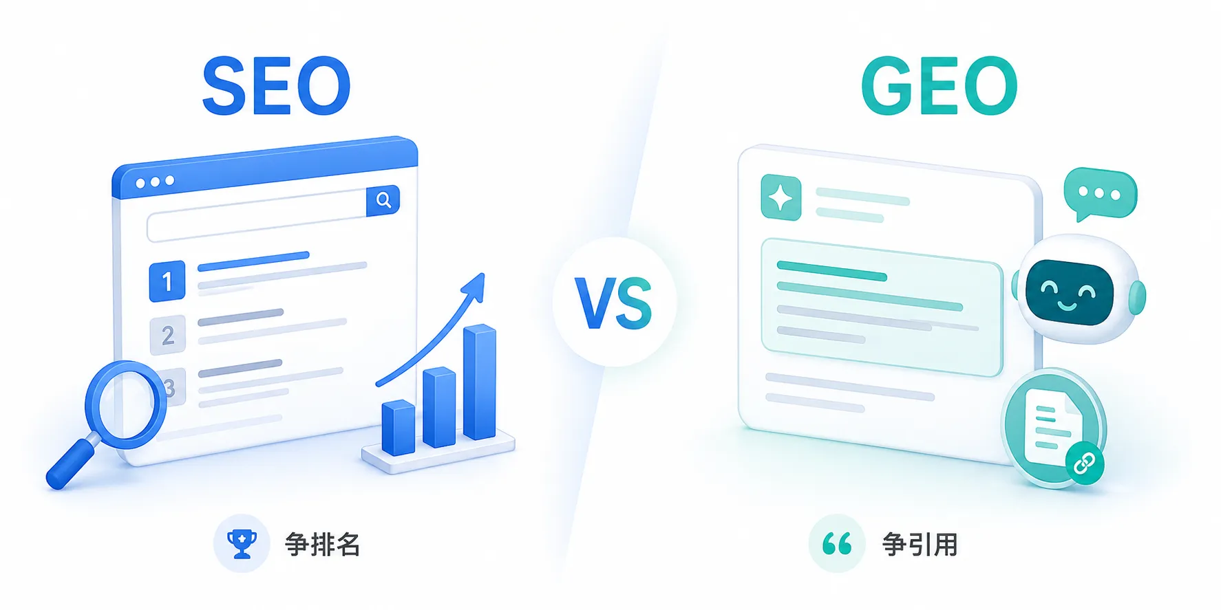 1787741993967465.webp SEO 与 GEO 命中路径对比:左侧搜索引擎排名点击转化,右侧 AI 答案引用品牌来源