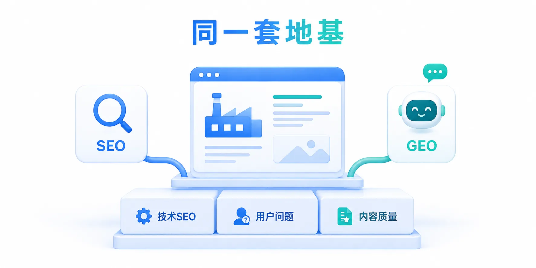 1787742033986834.webp GEO 与 SEO 底层相通示意:技术 SEO 地基支撑上层 AI 可引用内容矩阵
